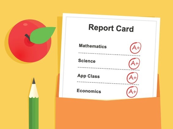 yellow background with a report card all A+ in subject a green pencil and red apple