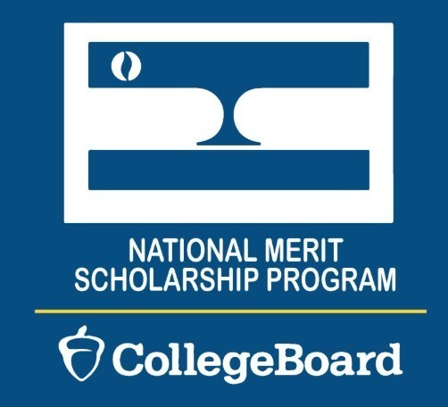 Nation Merit Scholarship Program Logo white letter with Blue background