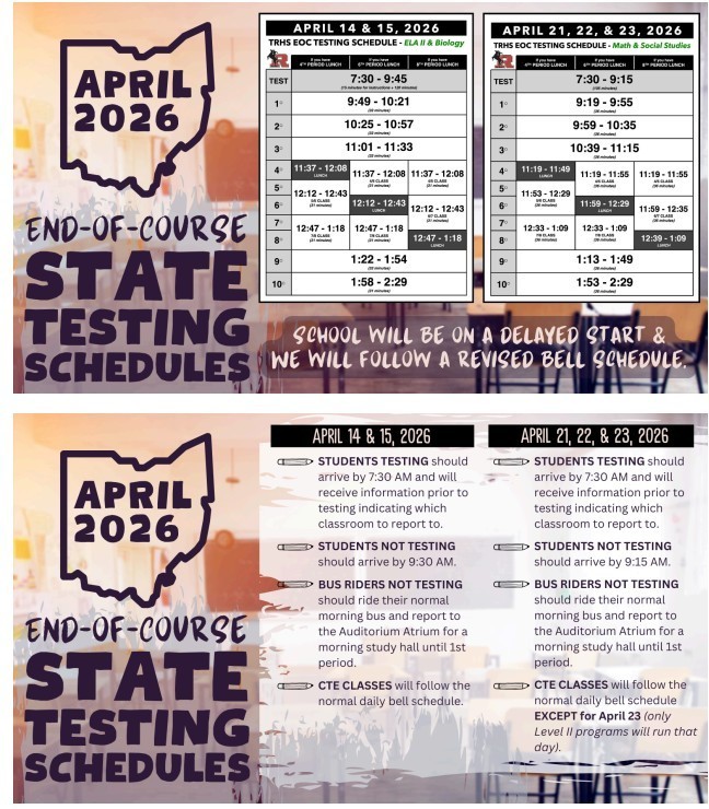 flyer for state tesitng schedules has April 2026 in outline of shape of Ohio