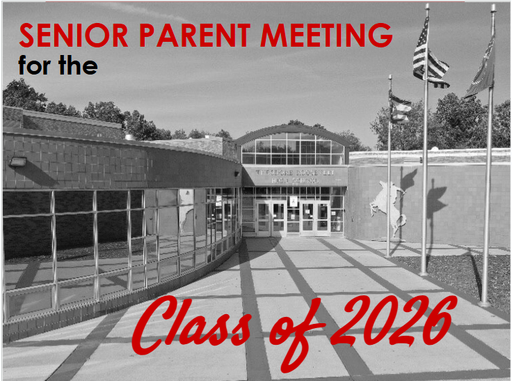 black and white photo of Theodore Roosevelt HS with Red words saying Senior Parent Meeting Class of 2026