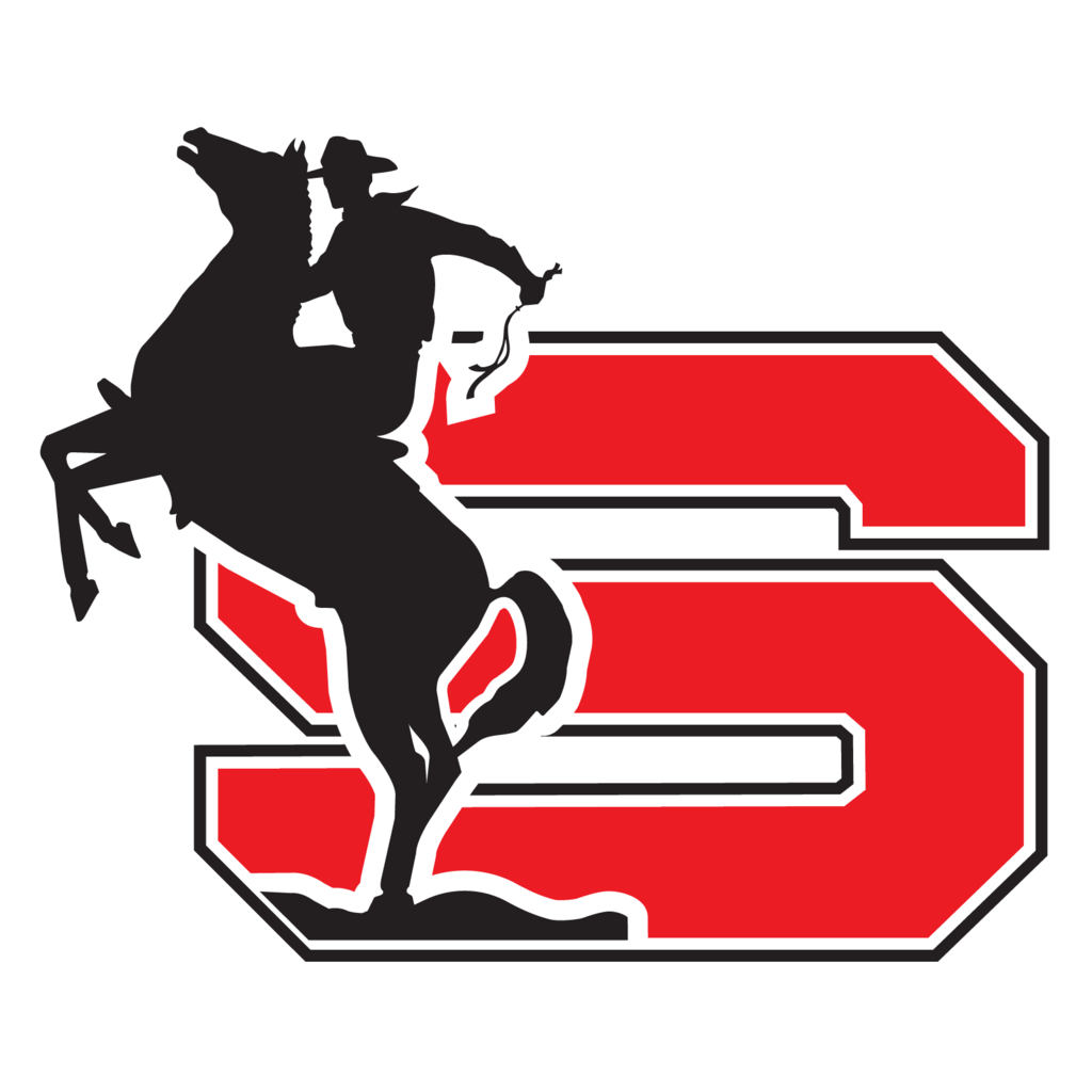 Red "s" with man riding horse
