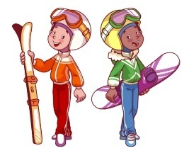 Illistration of 2 children with skis and a snowboard