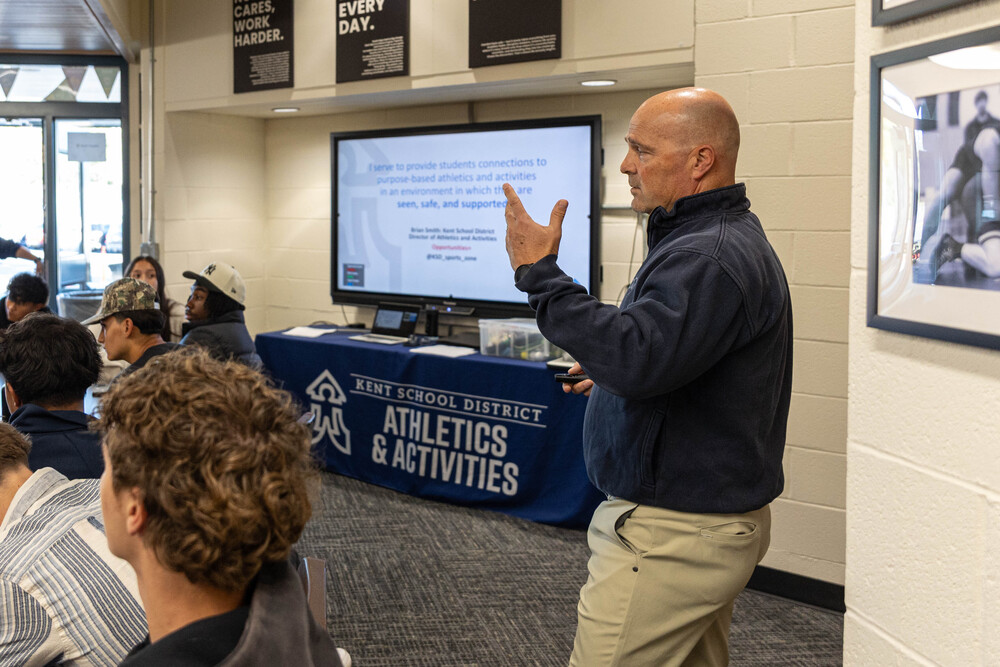 KSD Athletics Director speaks to gathered student athletes.