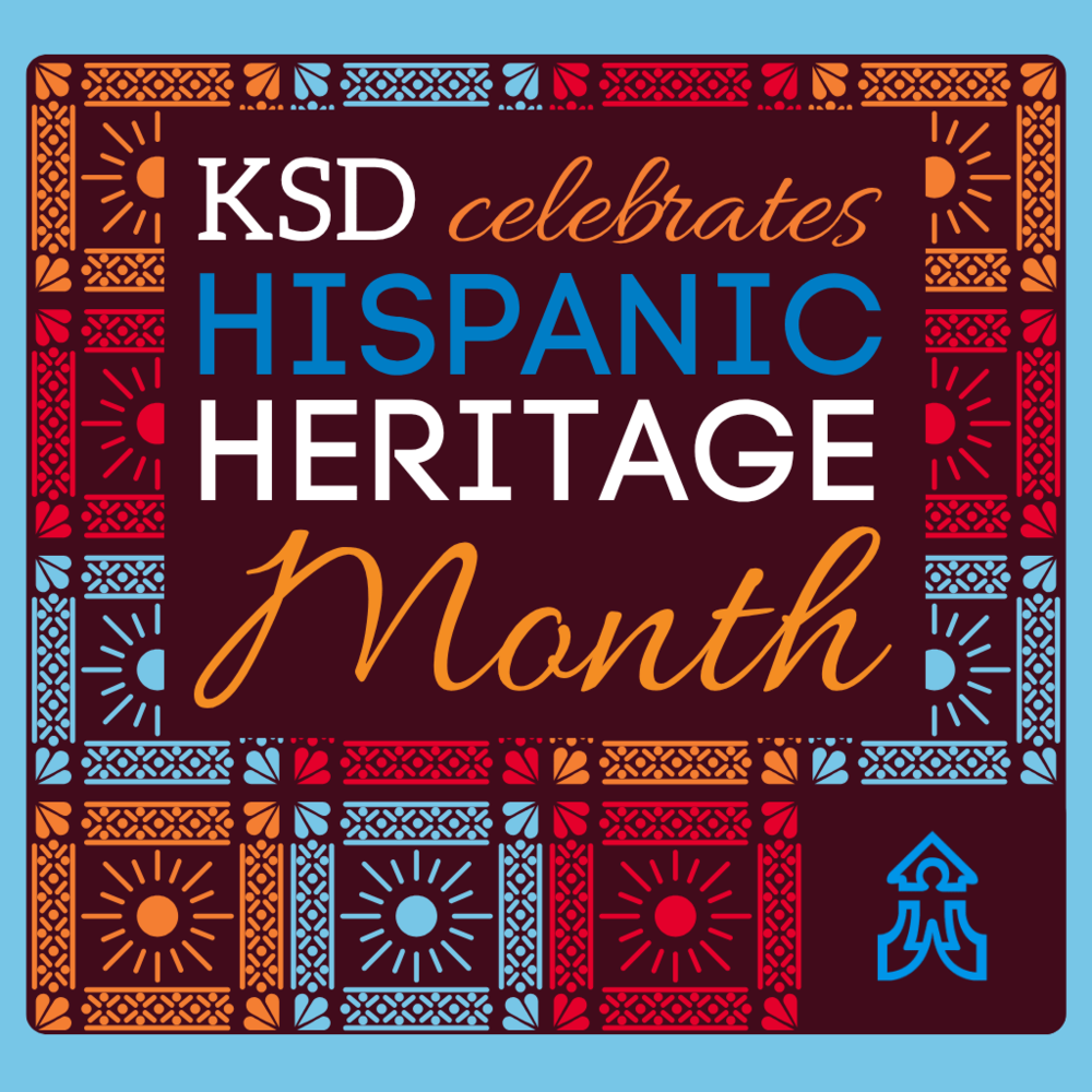 Graphic with colorful squares and saying "KSD celebrates Hispanic Heritage Month"