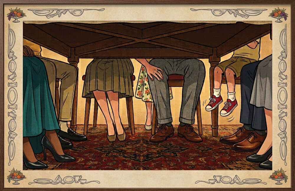 Illustration of people sitting at a dining room table