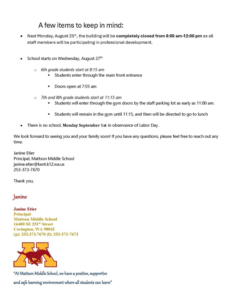 Upcoming Important Information 