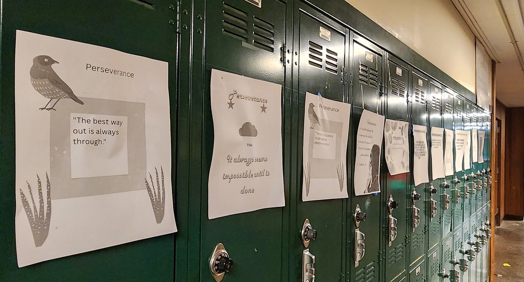 A row of pictures and quotes that encapture the word "Perseverance". The first photo has a quote that reads "The best way out is always through." 