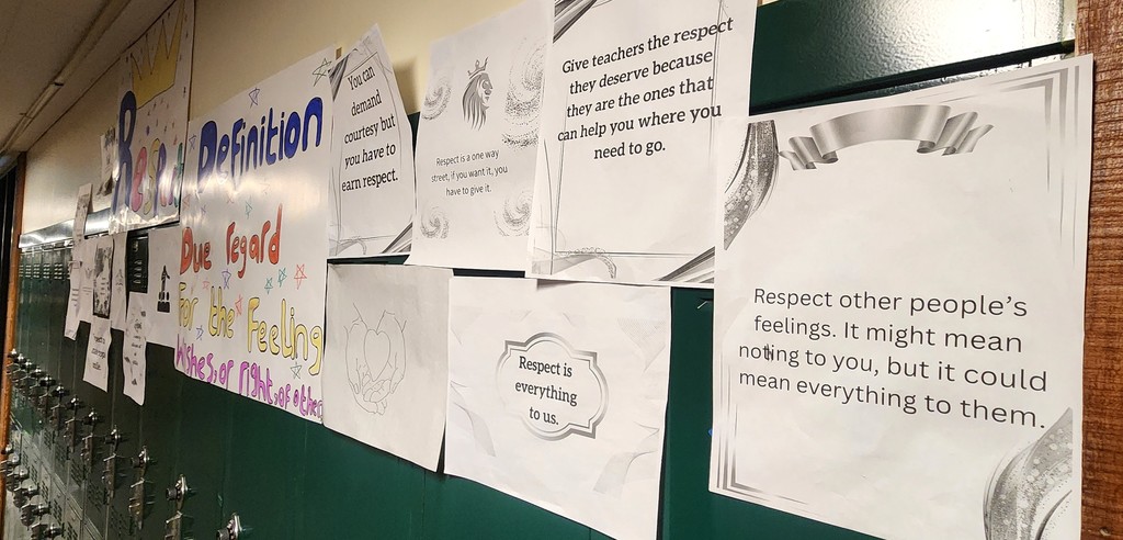 A collage of pictures and quote that define the word "respect". The poster all the way to the right reads "Respect other people's feelings. It might mean nothing to you, but it could mean everything to them."