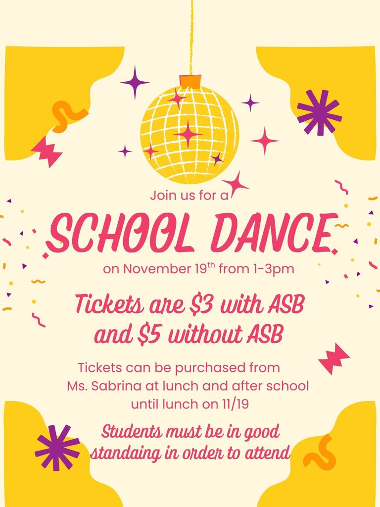Disco ball and information about the upcoming school dance on 11/19.