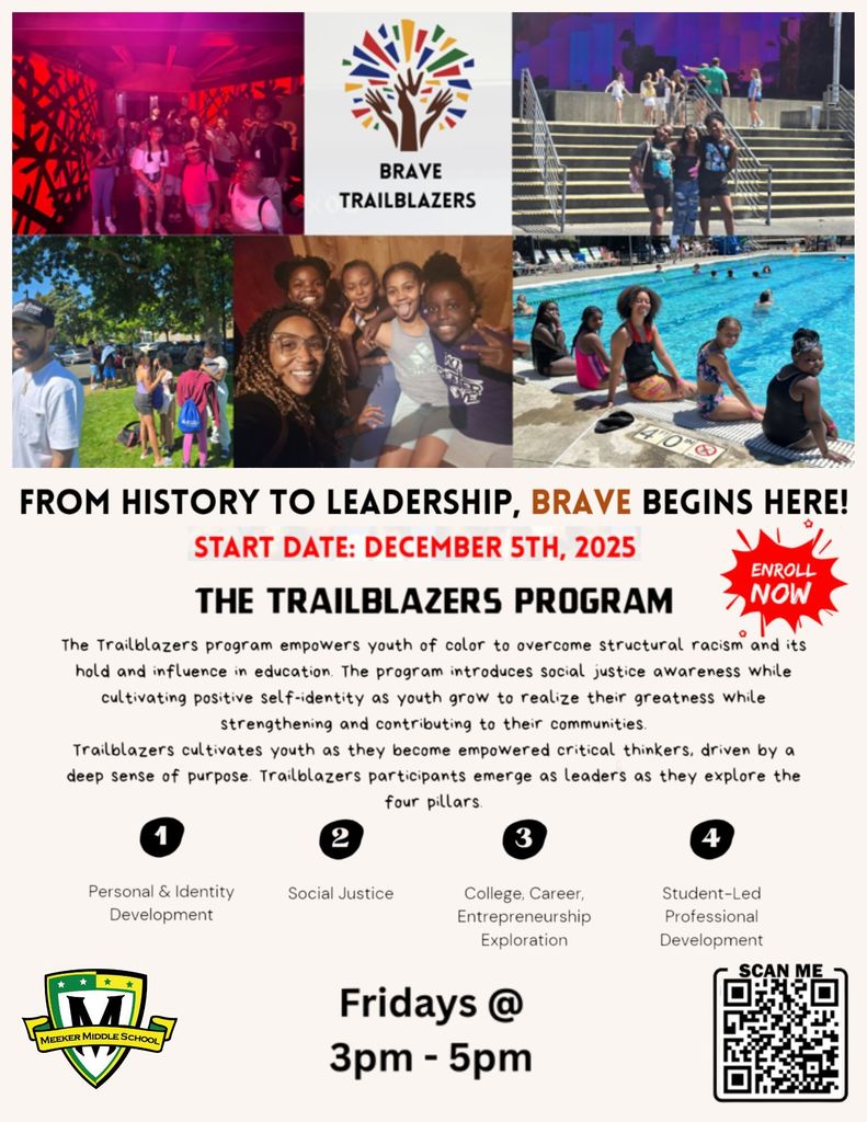 5 photos of students in the BRAVE program with the BRAVE logo at the top center. The flyer provides information on the BRAVE program, when it starts, and how to enroll