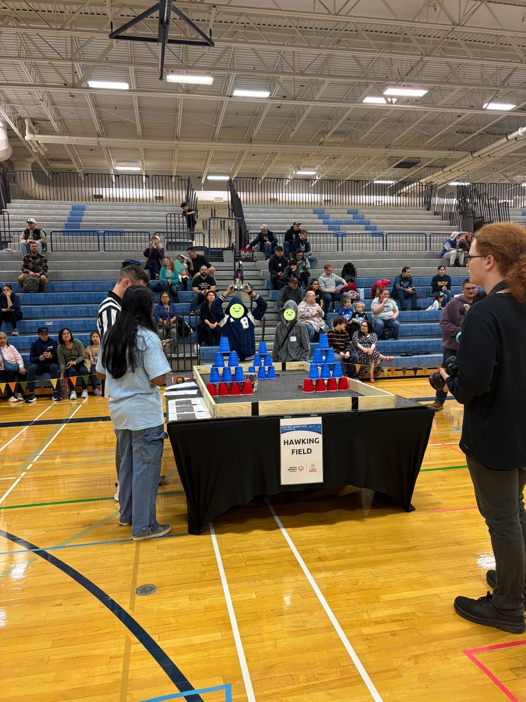 Students participating in a robotics competition. Faces have been covered with a smiling emoji per KSD safety protocol. 