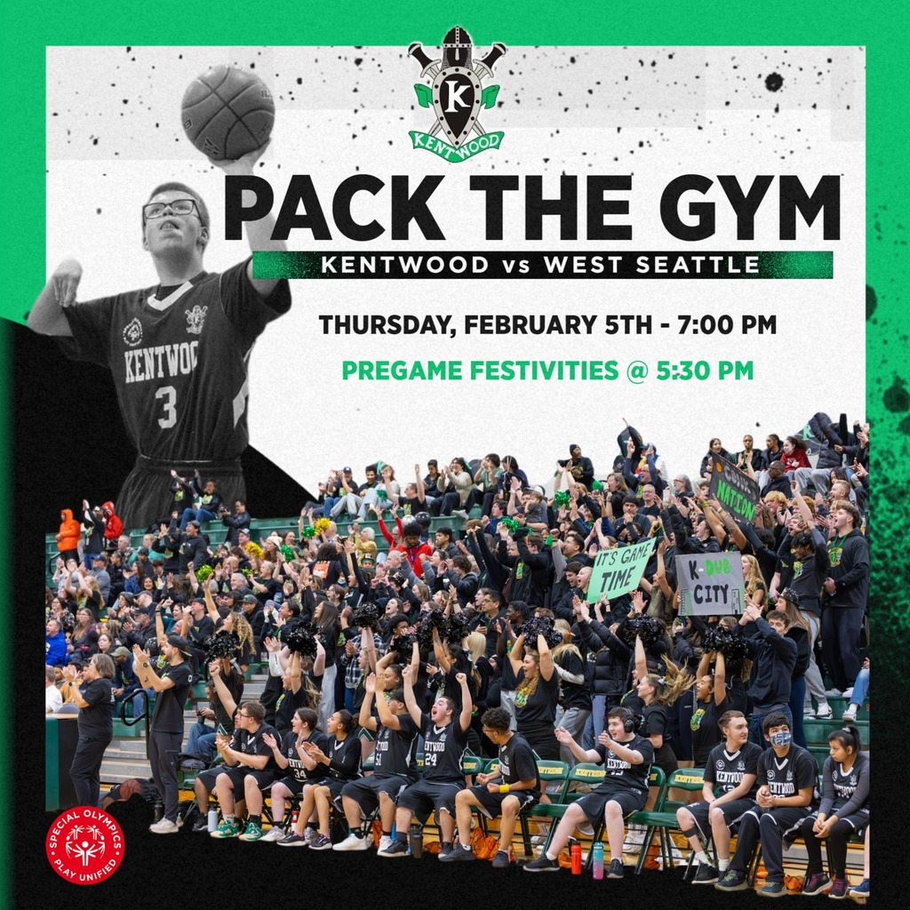 The bleachers are packed with cheering fans while a Unified athlete shoots a basketball.