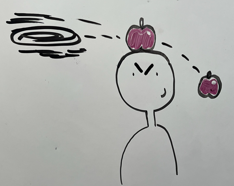 Drawing of Dr. Devlin with apple on head