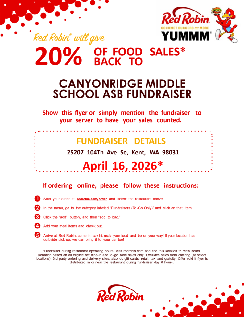 Red Robin Fundraiser for Canyon Ridge Middle School. Thursday April 16th at the Kent Location!