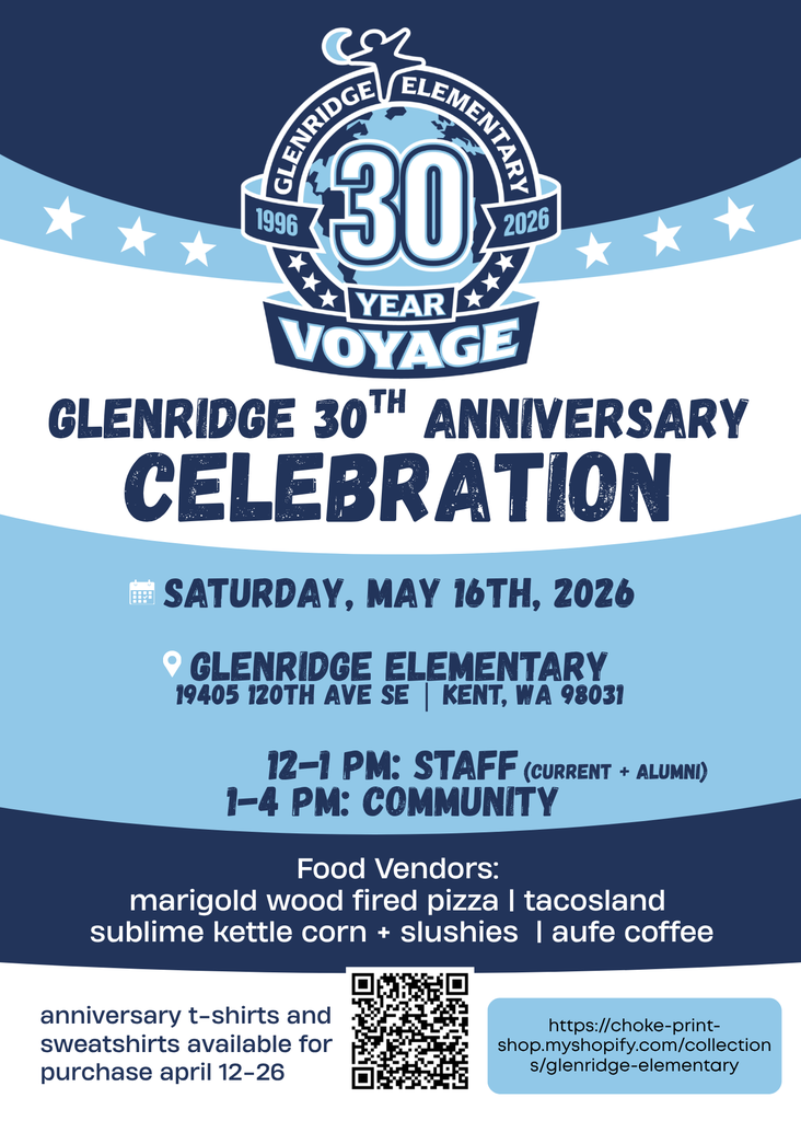 Blue and white flyer with Glenridge Voyager shadow dancing on globe with words Glenridge Elementary 1996-2026 30 year voyage.