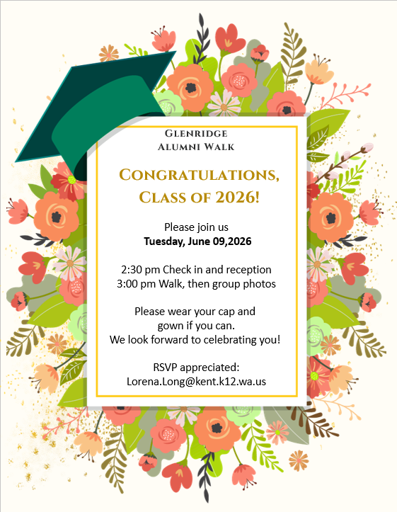 Flyer with green graduation cap and flower bouquet in shades of pink and green surrounding Glenridge Alumni Walk invitation.