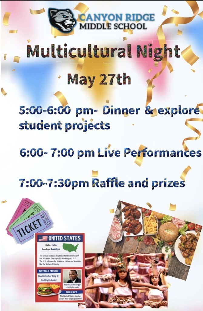 Schedule of events for multi-cultural night. Starts at 5:00 PM and goes through 7:30 PM!