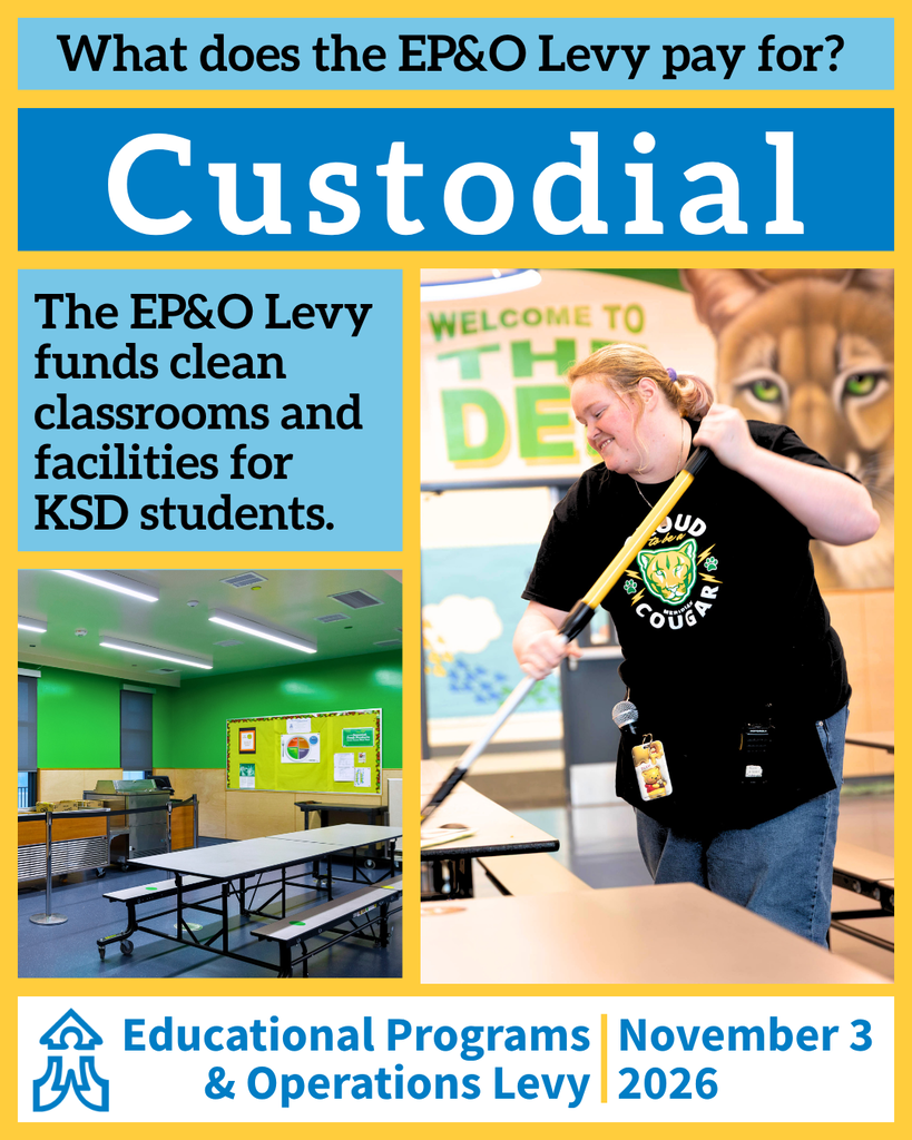 EP&O Levy informational graphics series. Custodial services, with a custodian working in one included image, and a clean classroom in another inset photo.
