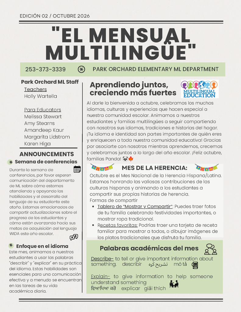Image files of English and Spanish versions of the October Multilingual Monthly newsletter.