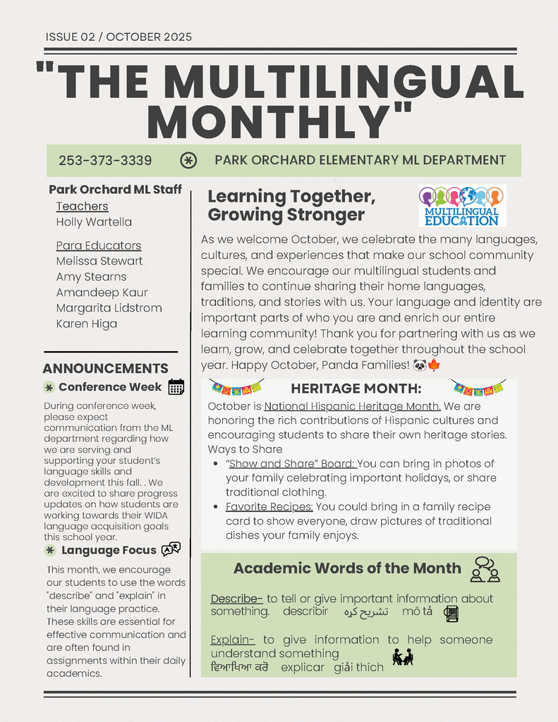 Image files of English and Spanish versions of the October Multilingual Monthly newsletter.