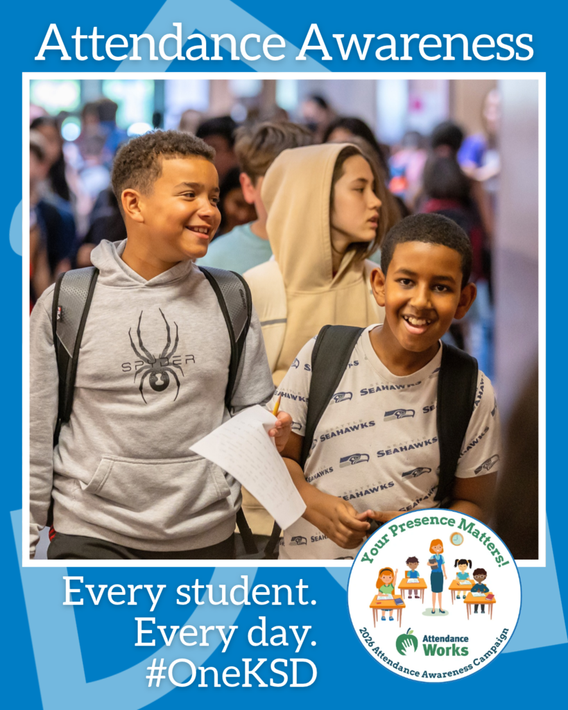 Attendance Awareness Month graphic with smiling students, and a badge stating "Your presence Matters!"