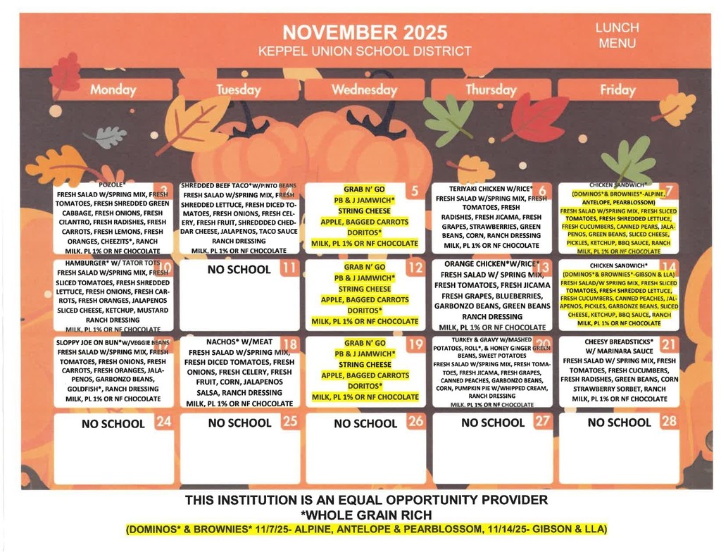 November Lunch Menu