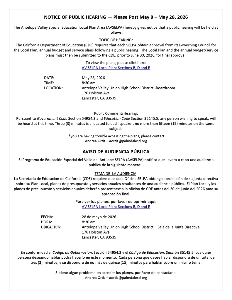 AV SELPA Annual Budget and Service Plans Hearing Notice - Eng - Span