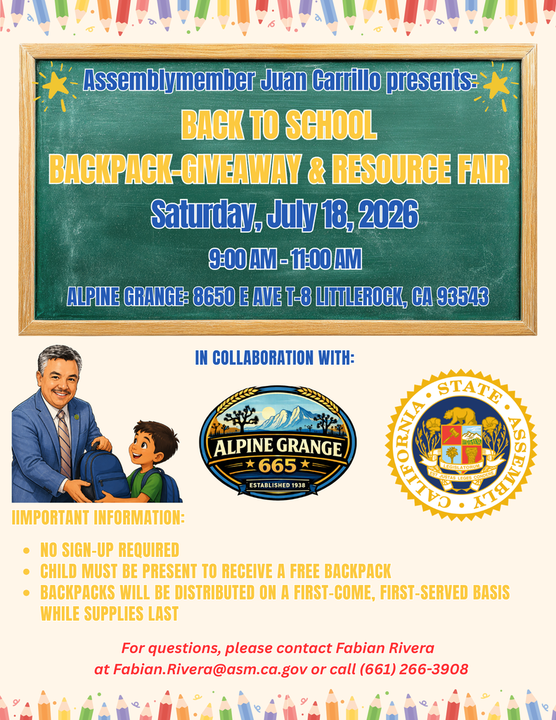 Assemblymember Juan Carrillo Presents - Littlerock Backpack Giveaway/El Asambleísta Juan Carrillo Presenta: Entrega Gratuita de Mochilas en Littlerock