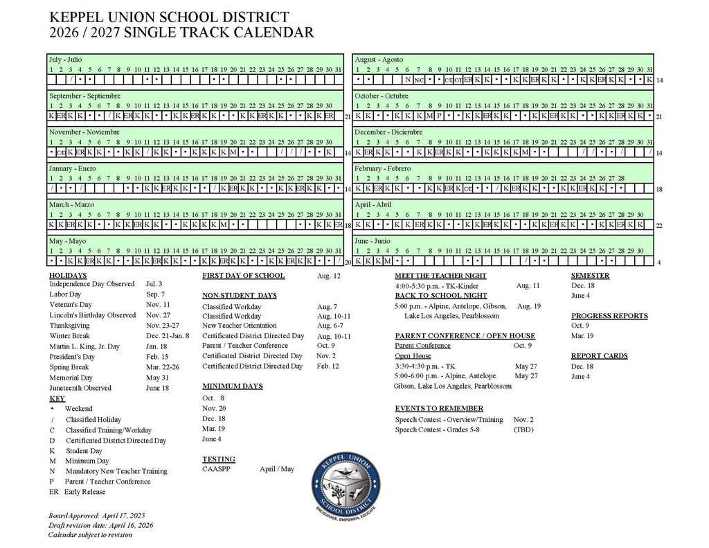 2026-27 School Year Calendar