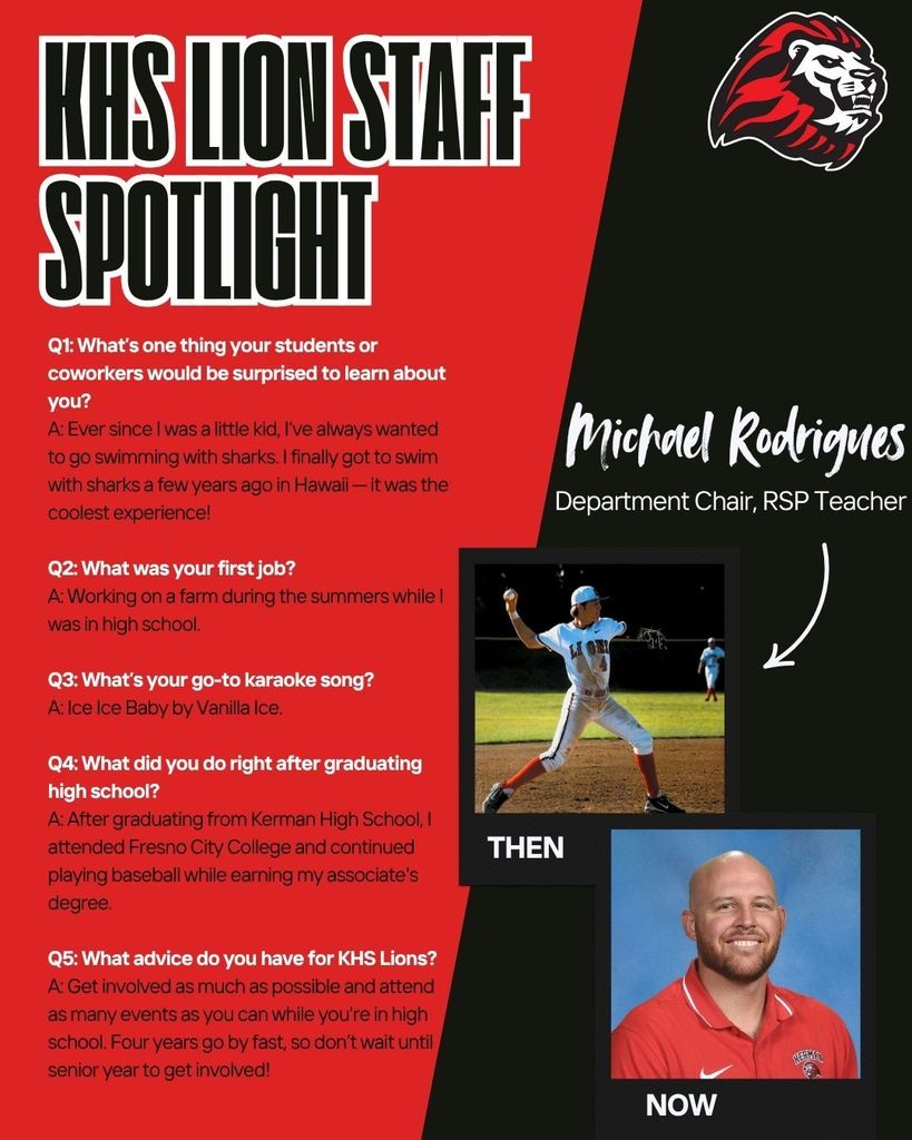 This image is a flyer highlighting a Kerman High Staff member.