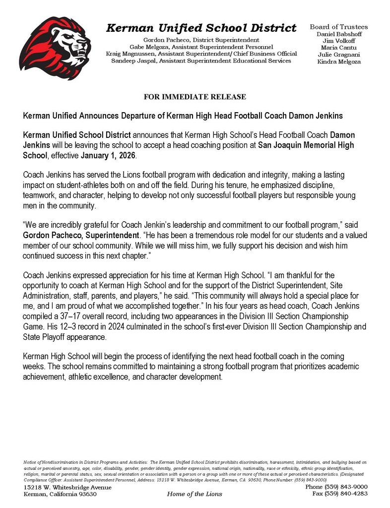 KUSD Head Coach Departure