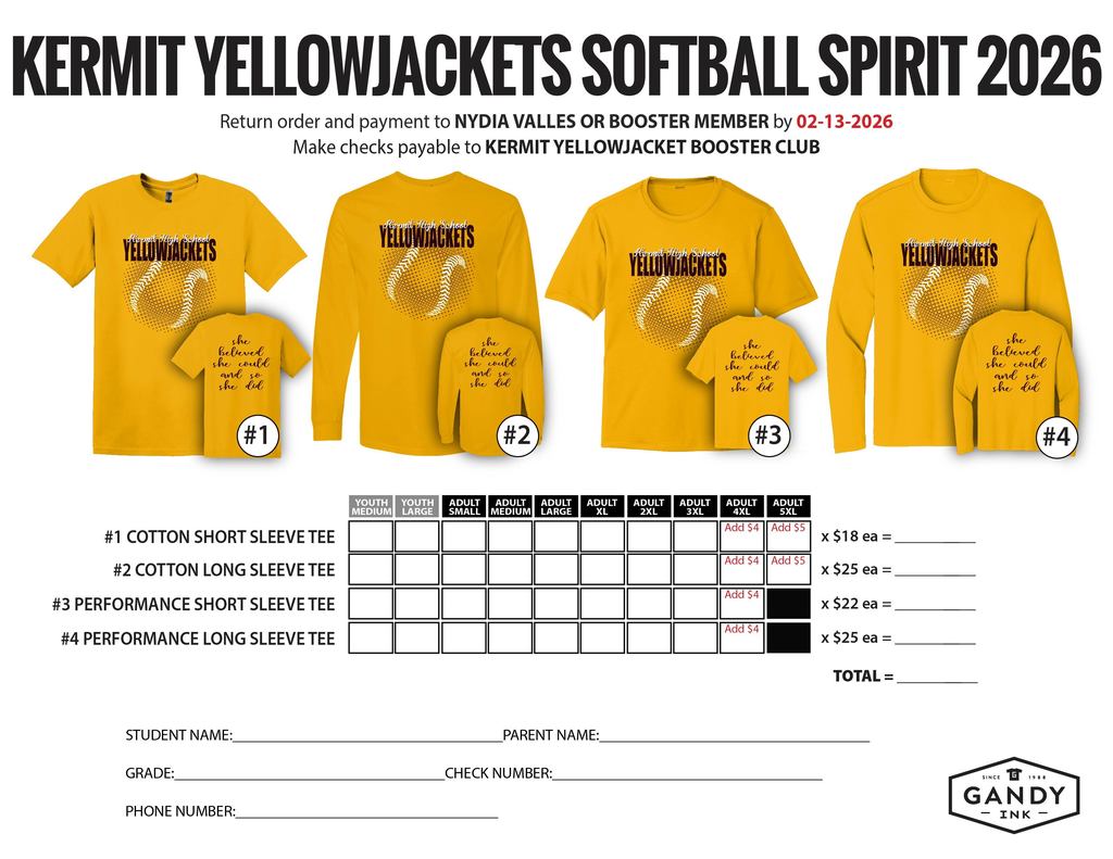 SOFTBALL SPIRT SHIRT ORDER FORM 2026