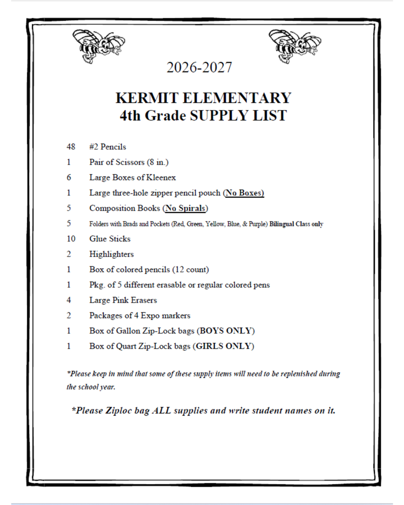 4th Grade Supply List