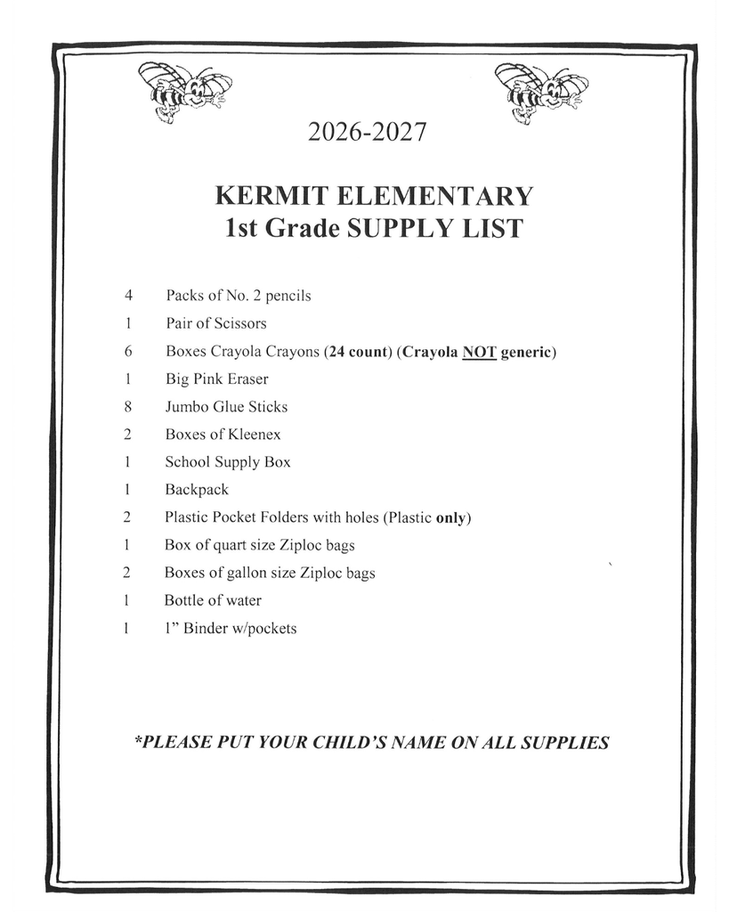 1st Grade Supply List