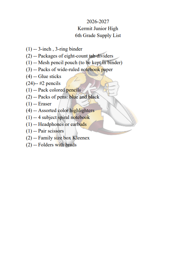KJH 26-27 Supply List