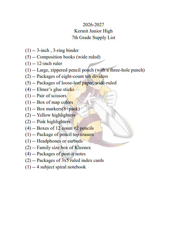KJH 26-27 Supply List