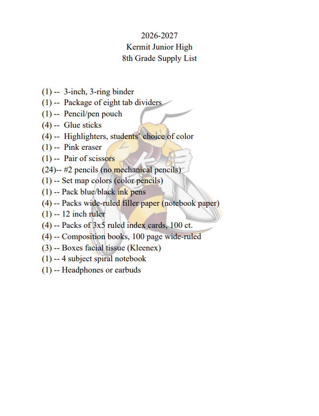 KJH 26-27 Supply List