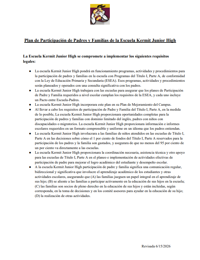 Plan de Participación de Padres y Familias de la Escuela Kermit Junior High
