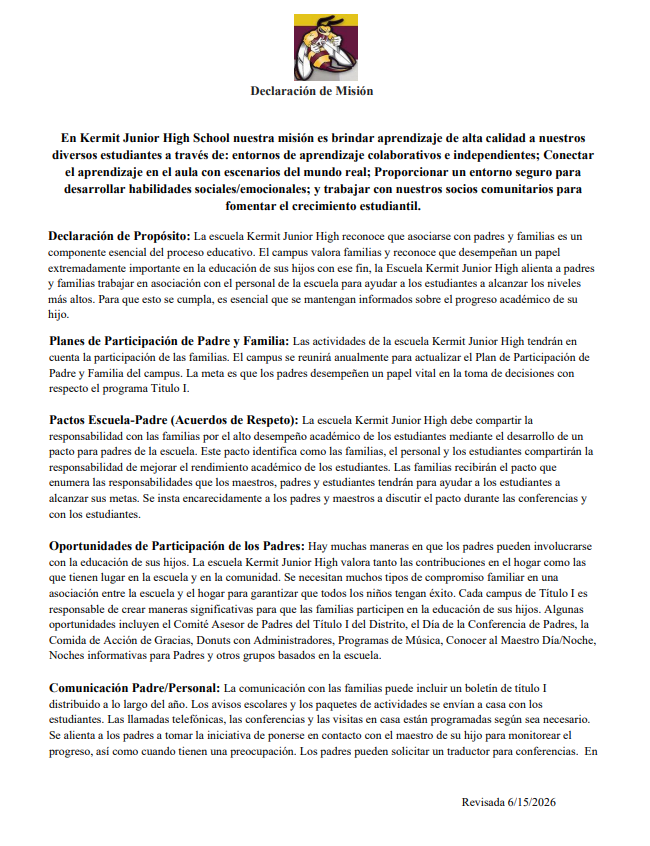 Plan de Participación de Padres y Familias de la Escuela Kermit Junior High
