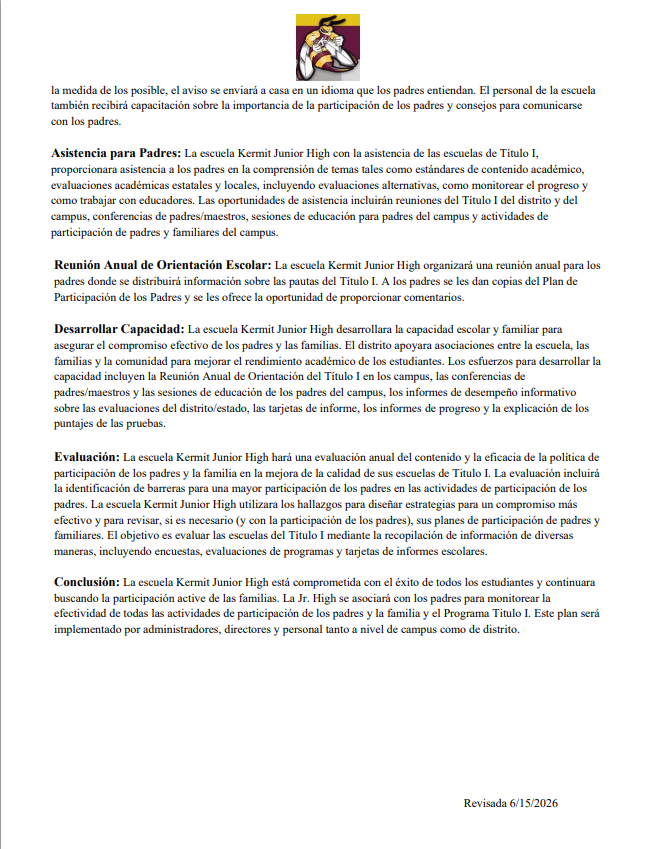 Plan de Participación de Padres y Familias de la Escuela Kermit Junior High