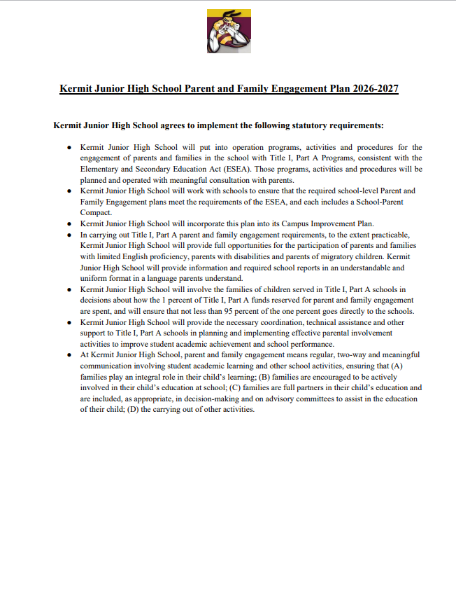 Kermit Junior High School Parent and Family Engagement Plan 2026-2027