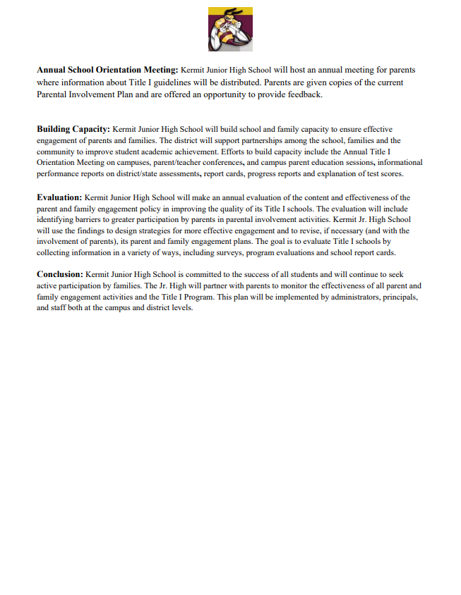 Kermit Junior High School Parent and Family Engagement Plan 2026-2027