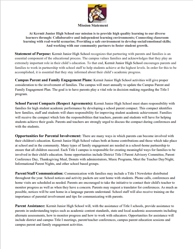 Kermit Junior High School Parent and Family Engagement Plan 2026-2027