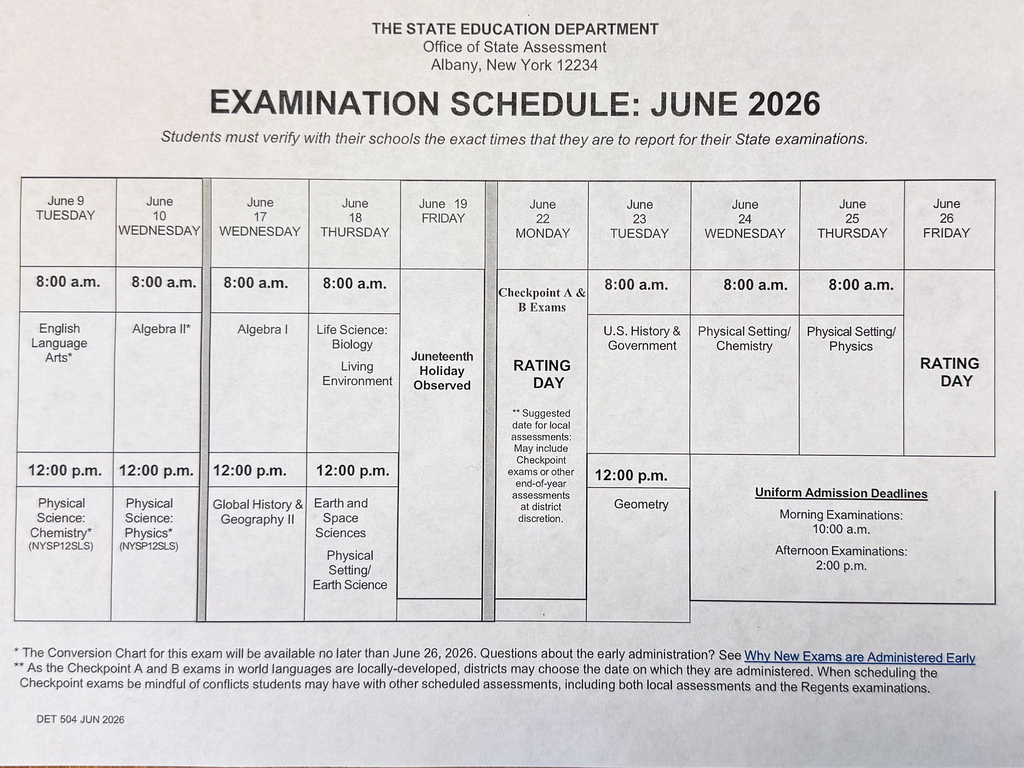 NYS Regents Exam Schedule