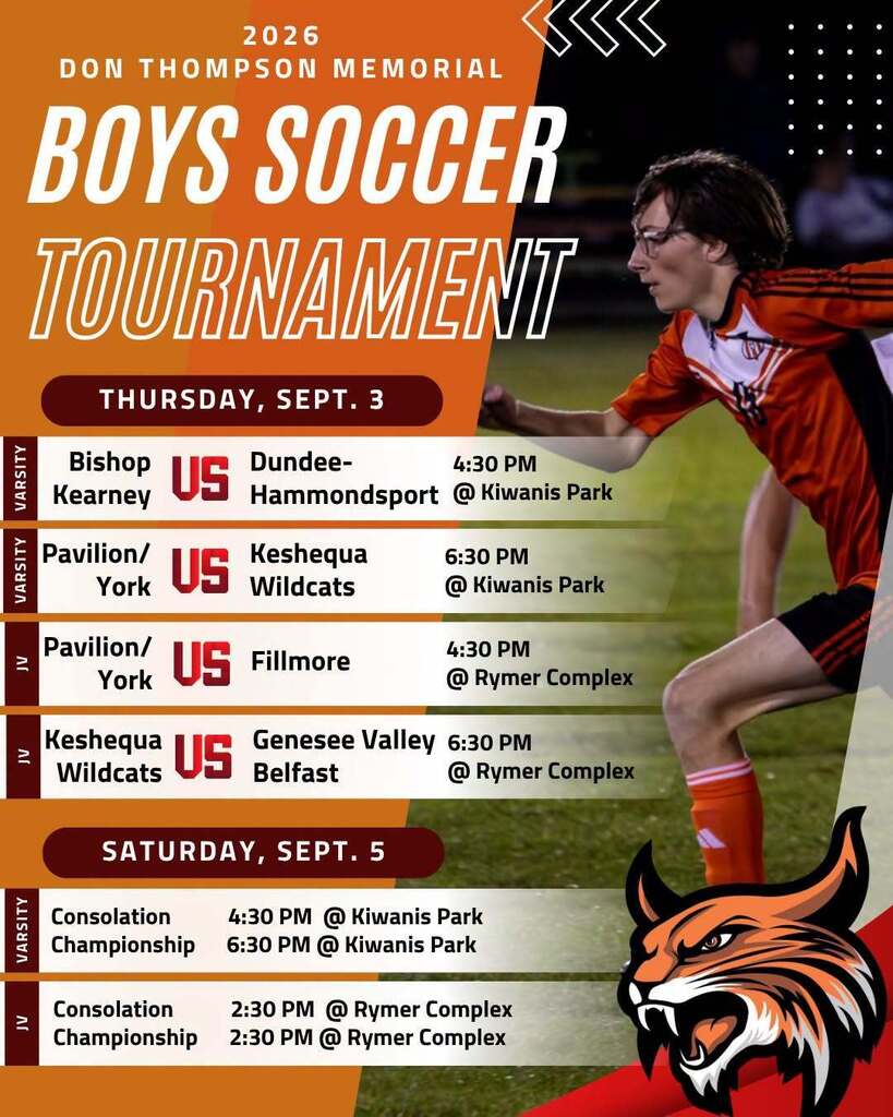 Boys Soccer Tournament- Keshequa Varsity Wildcats will play vs Pavilion/York on Thursday September 3 at 6:30 PM at Kiwanis Park