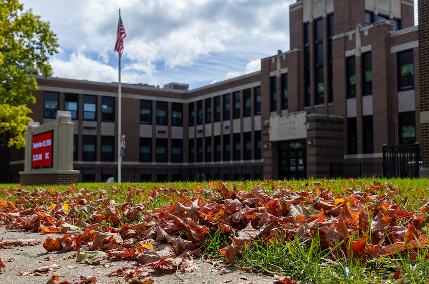 Leaves on the ground outside of the Nunda School Building