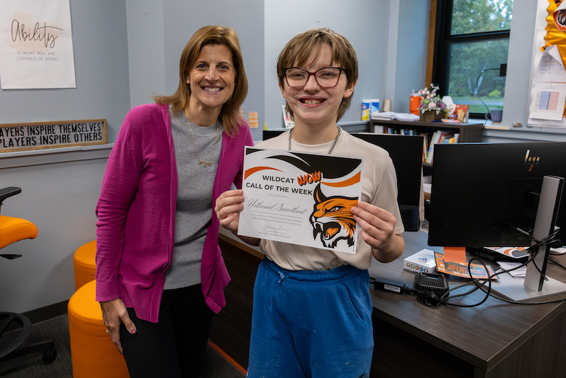 Wildcat Wow Recipient with Mrs. Kyle and certificate