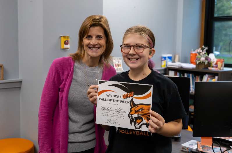 Wildcat Wow Recipient with Mrs. Kyle and certificate