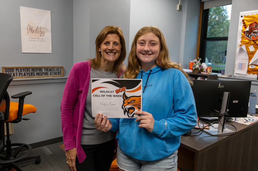 Wildcat Wow Recipient with Mrs. Kyle and certificate