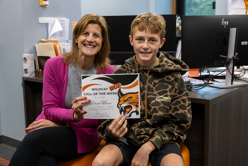 Wildcat Wow Recipient with Mrs. Kyle and certificate